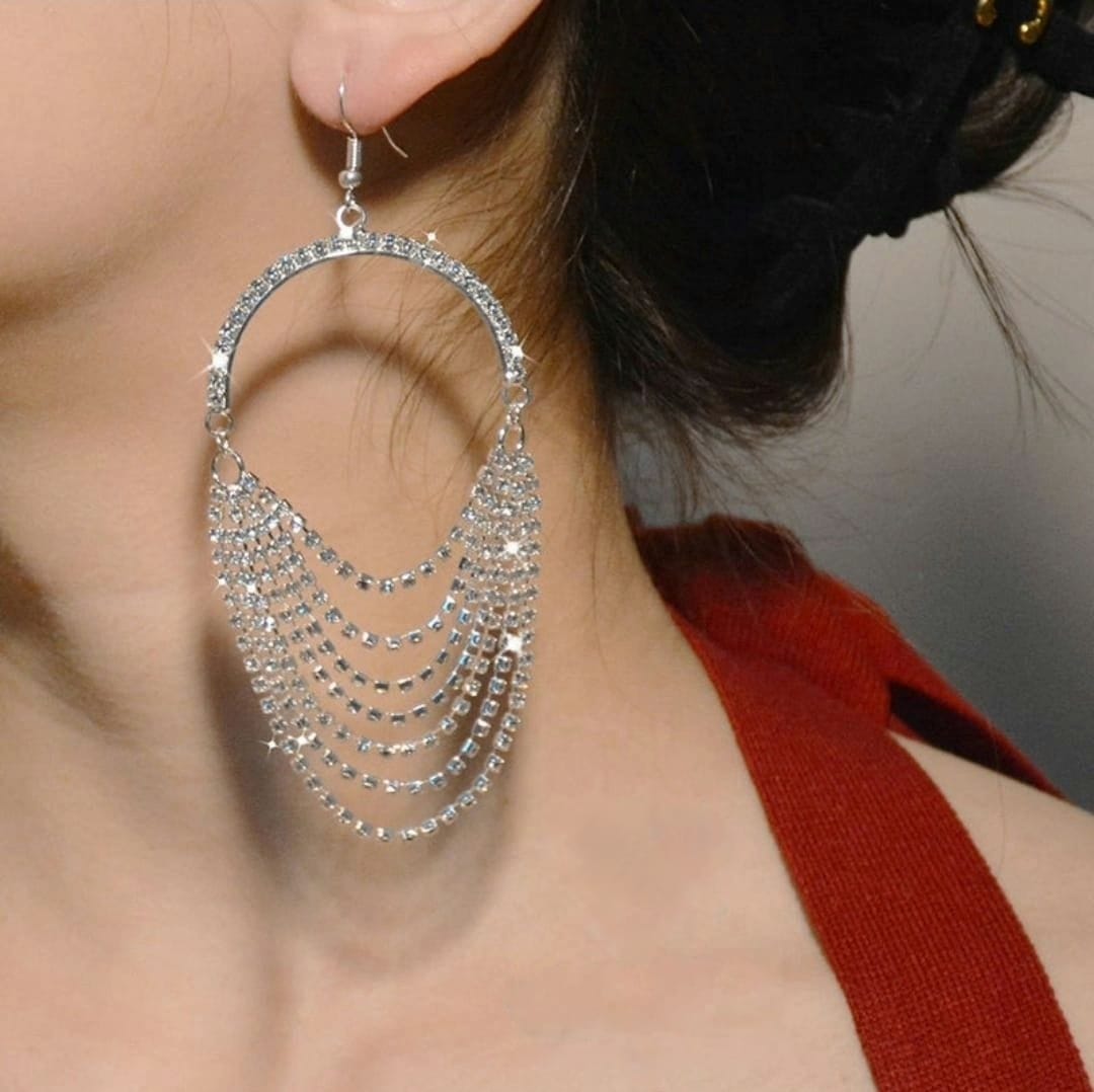 European Long Drop Diamond Tassel Earrings