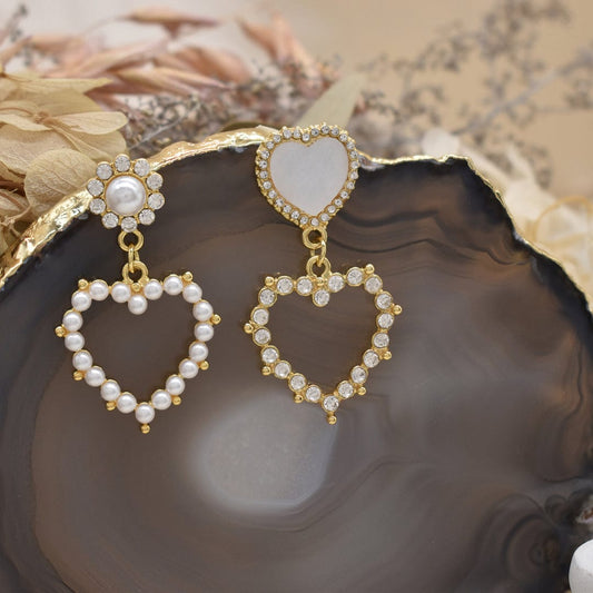 Pearl & Diamond Heart Drop Earrings