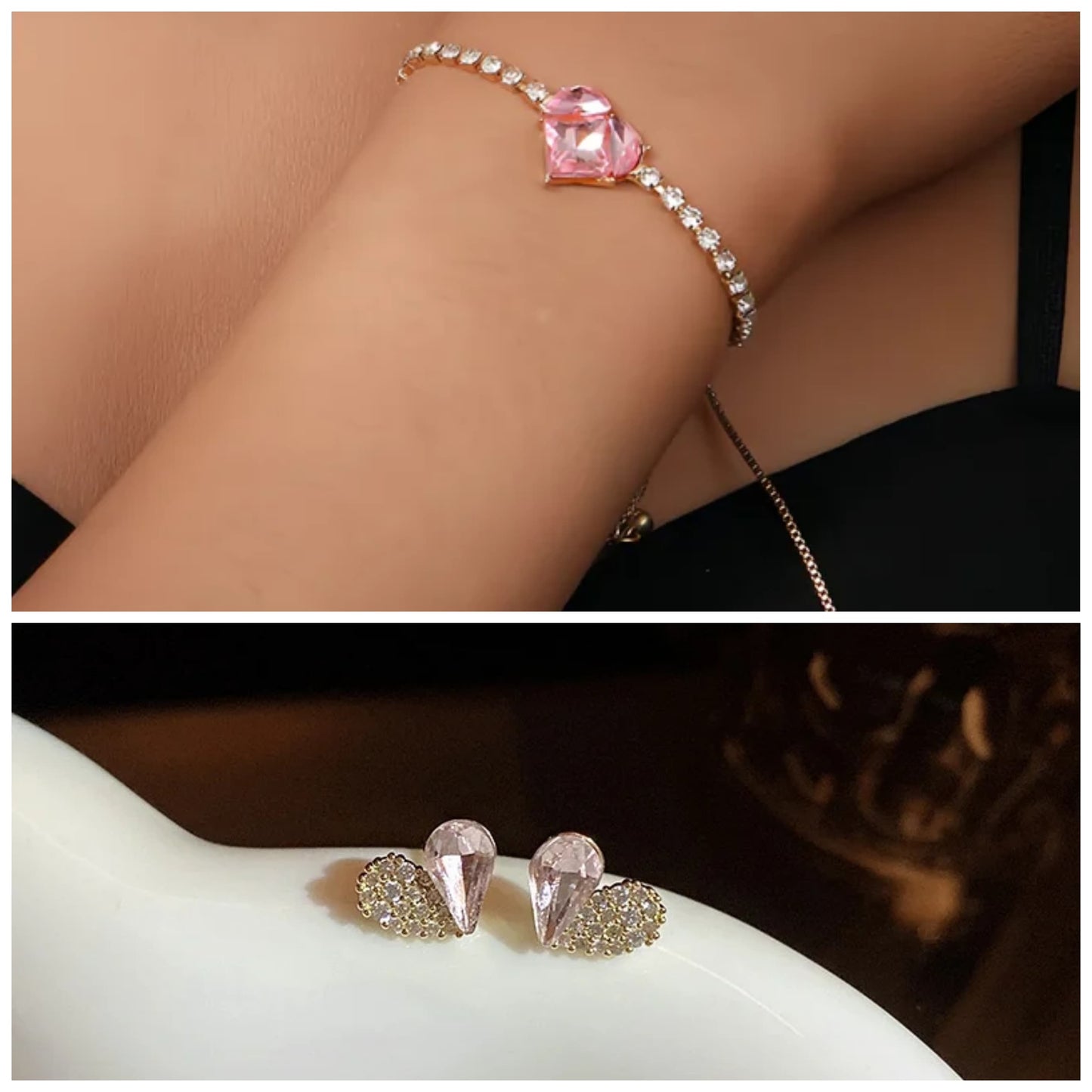 Gold-Plated Pink Zircon Heart Bracelet & Stud Combo