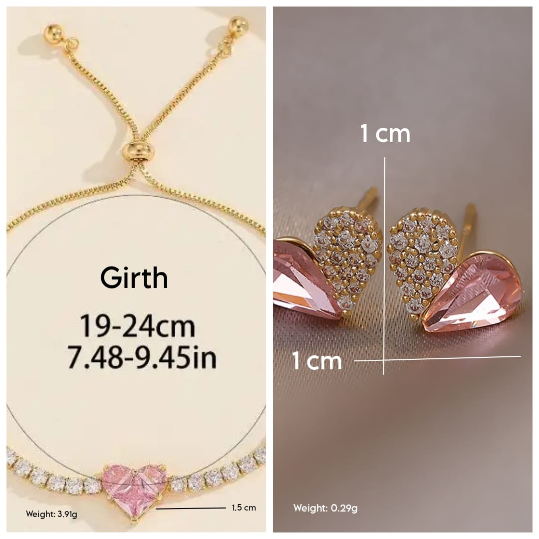 Gold-Plated Pink Zircon Heart Bracelet & Stud Combo