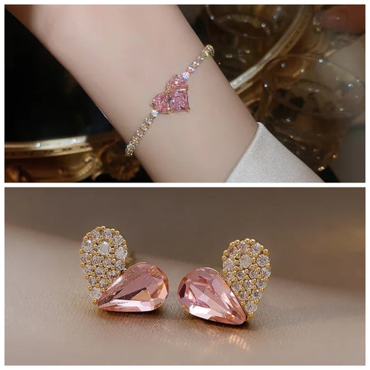 Gold-Plated Pink Zircon Heart Bracelet & Stud Combo