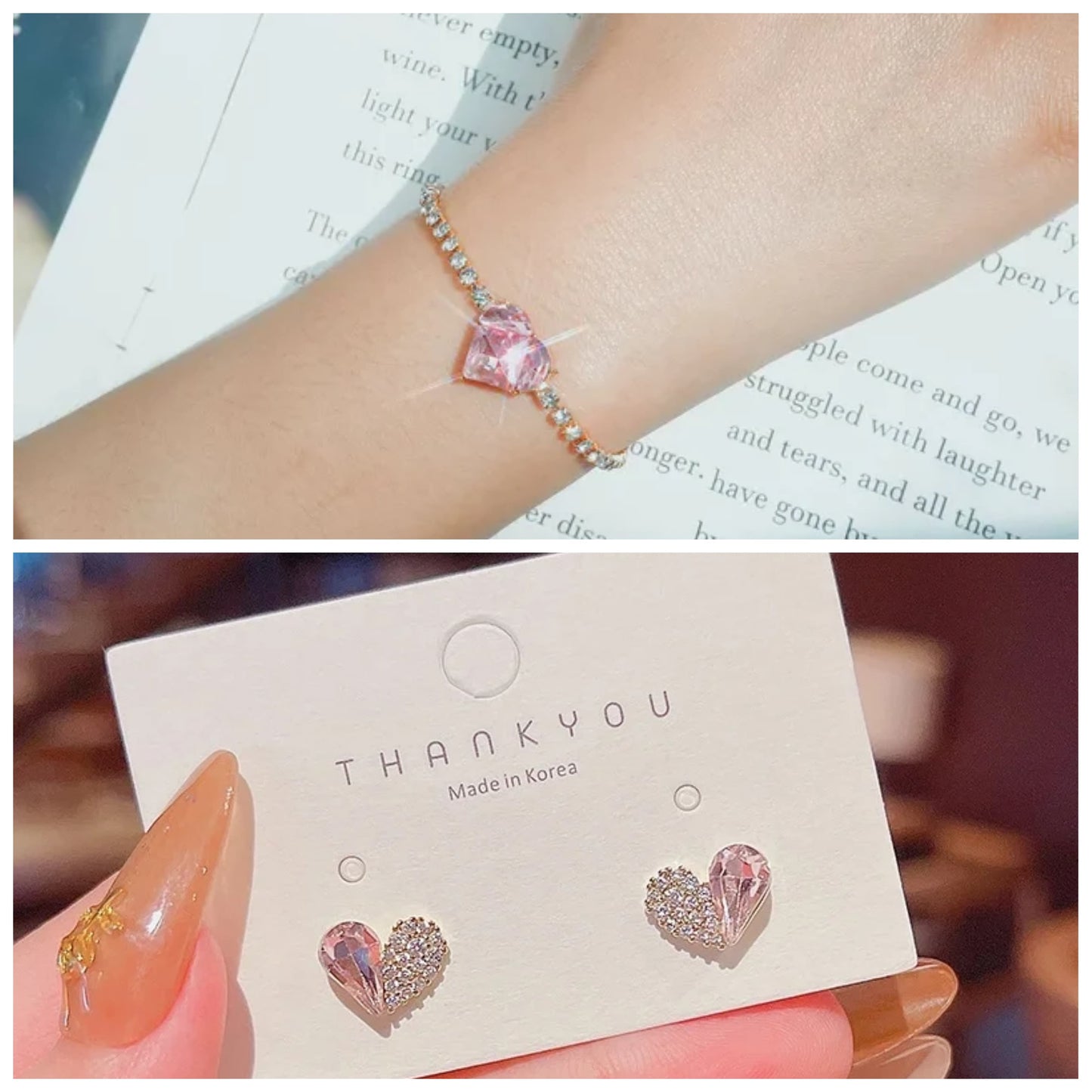 Gold-Plated Pink Zircon Heart Bracelet & Stud Combo