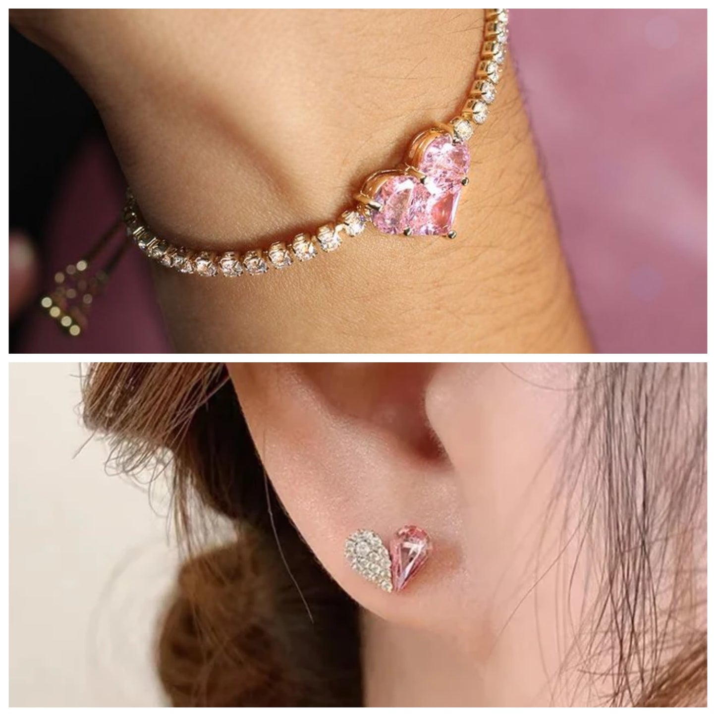 Gold-Plated Pink Zircon Heart Bracelet & Stud Combo