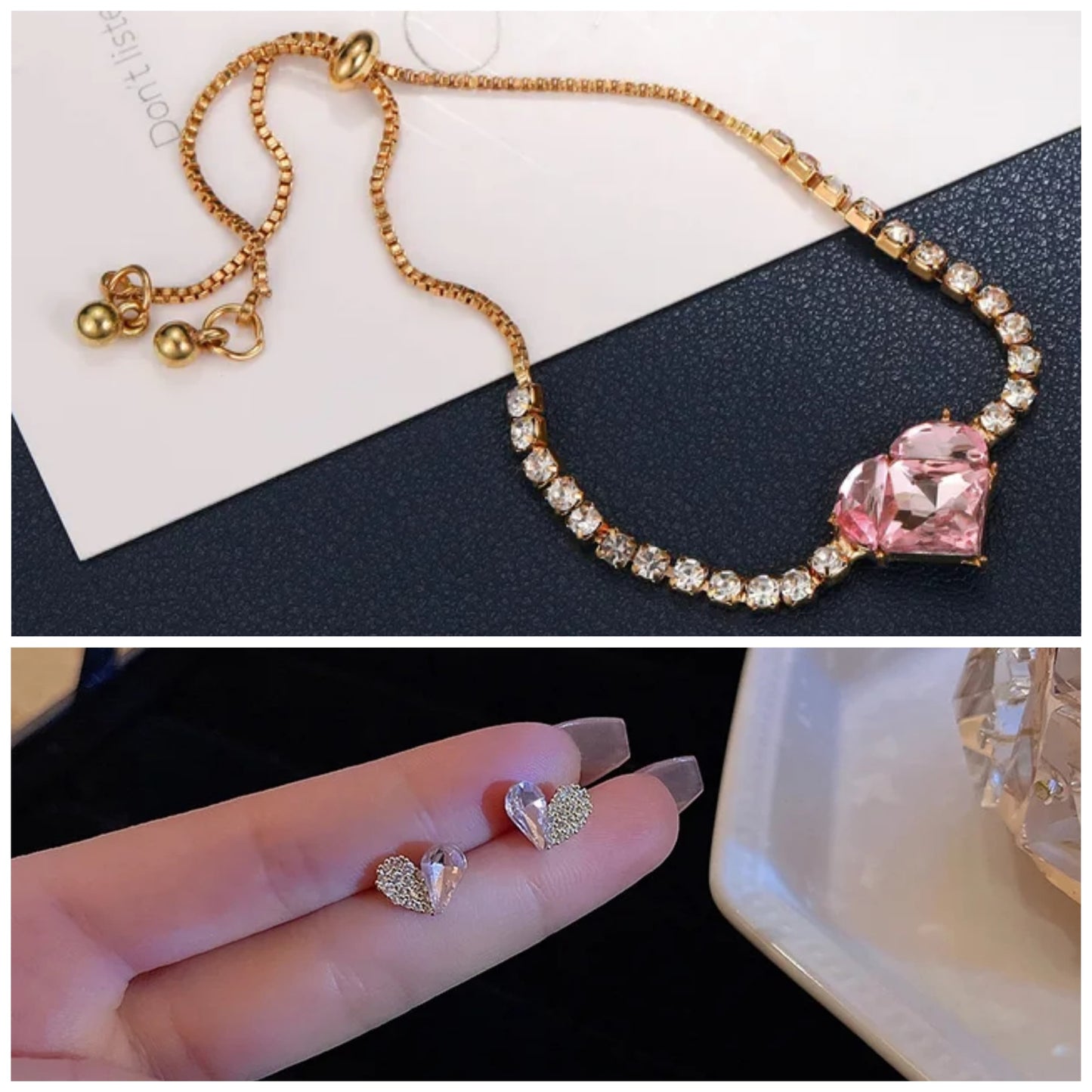 Gold-Plated Pink Zircon Heart Bracelet & Stud Combo