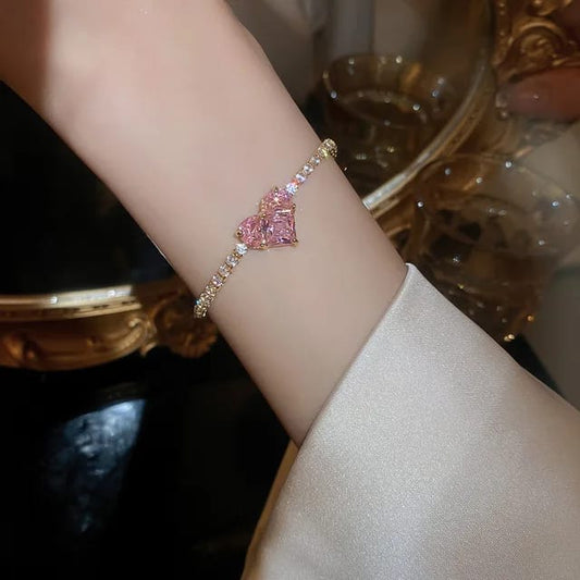 Gold-Plated Pink 3-in-1 Spliced Heart Zircon Bracelet