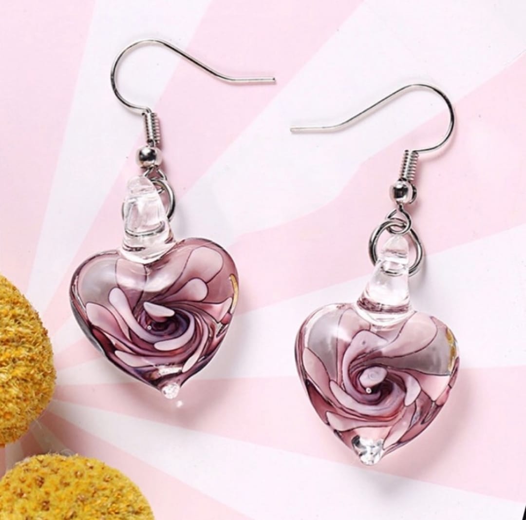 Heart-Shaped Multi-Color Glass Flower Earrings